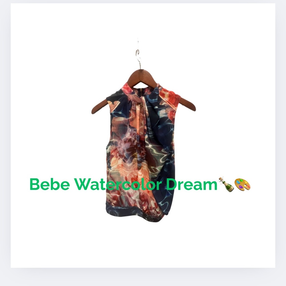 Bebe Watercolor Print Sleeveless Blouse | High Neck Sheer Zip-Back Top XXS